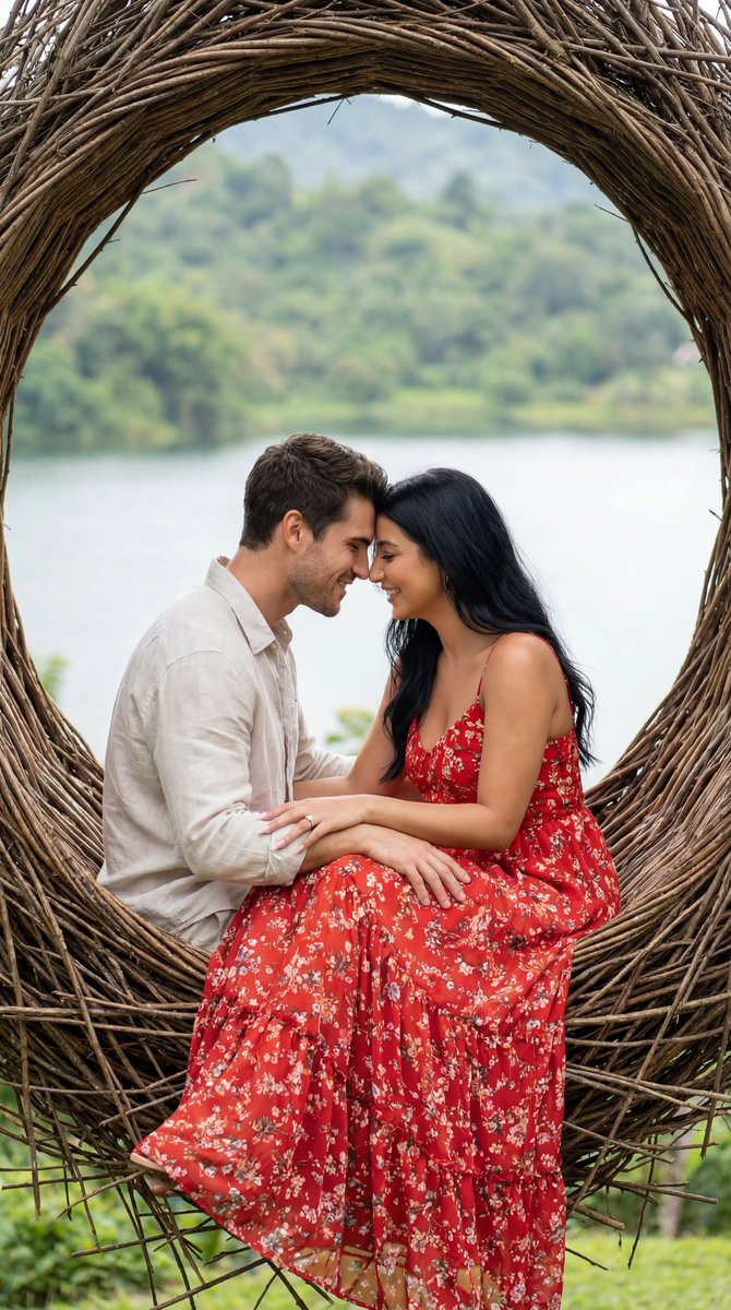 Photoreal Romantic Couple in Nature Nest Editorial Prompt — example 1