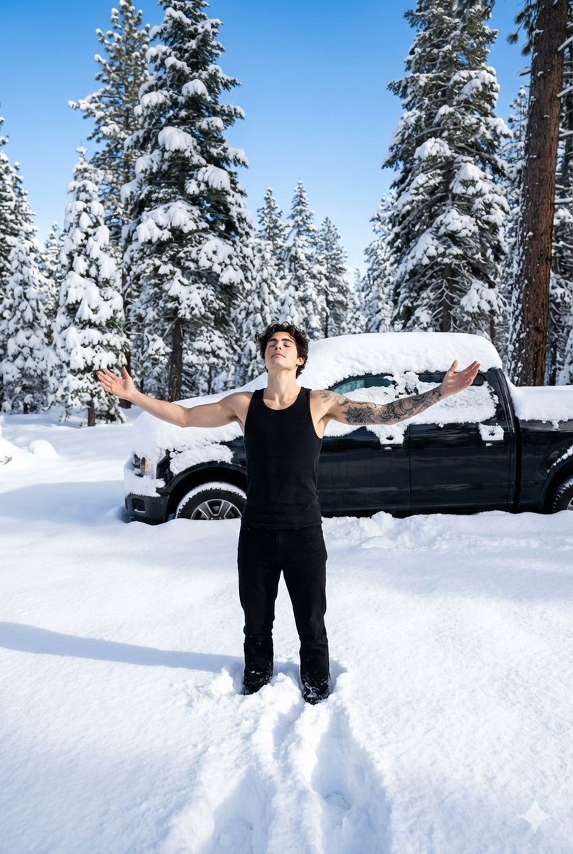 Cinematic Winter Forest Portrait of Man in Snow — example 1