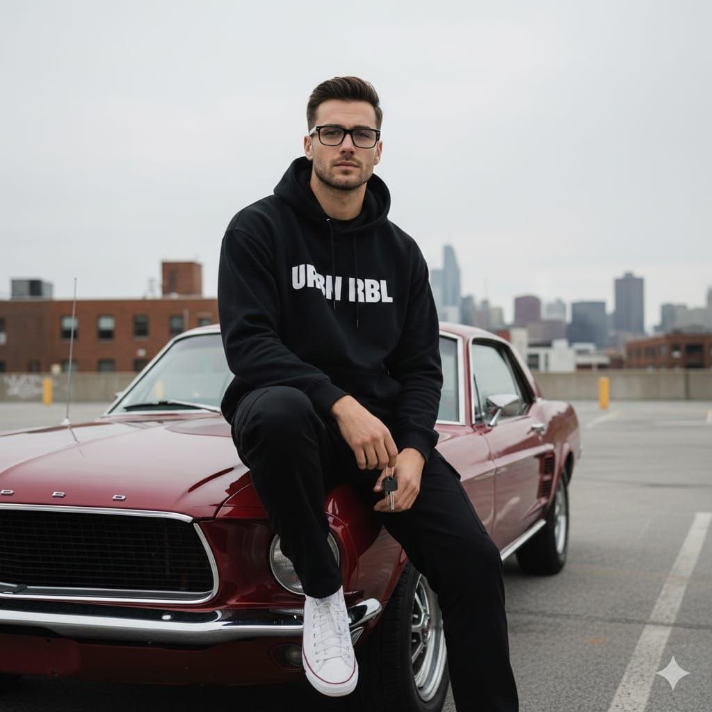 Urban Lifestyle Portrait on Vintage Muscle Car Prompt — example 1