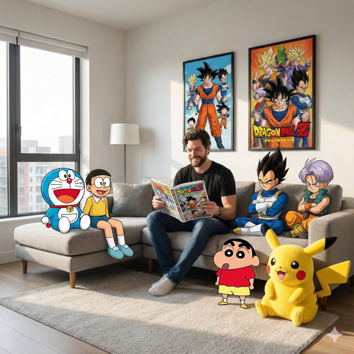 Mixed-Media Anime and Reality Living Room Scene Prompt — example 2