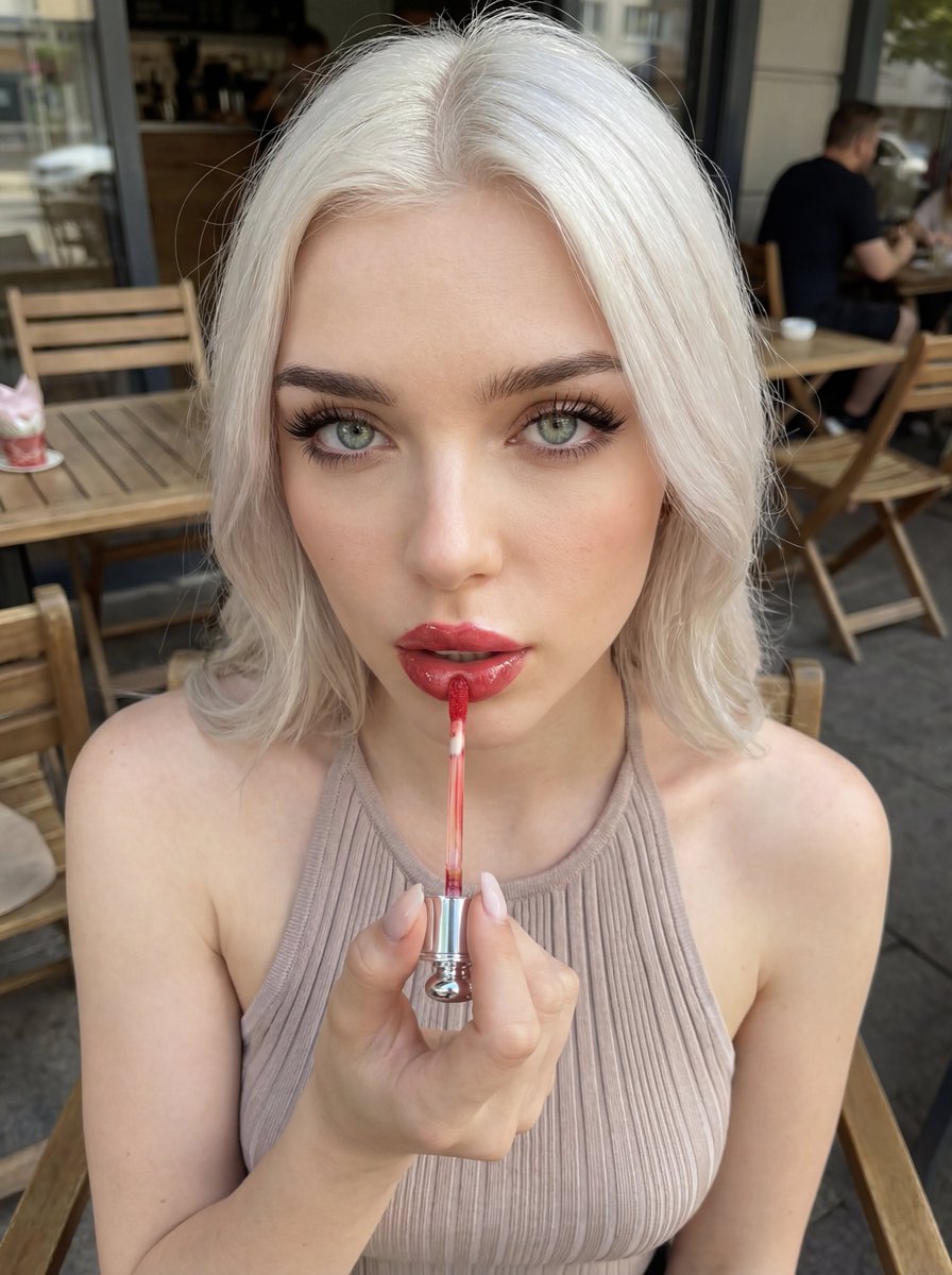 Outdoor Cafe Lip Gloss Application Beauty Portrait Prompt — example 1