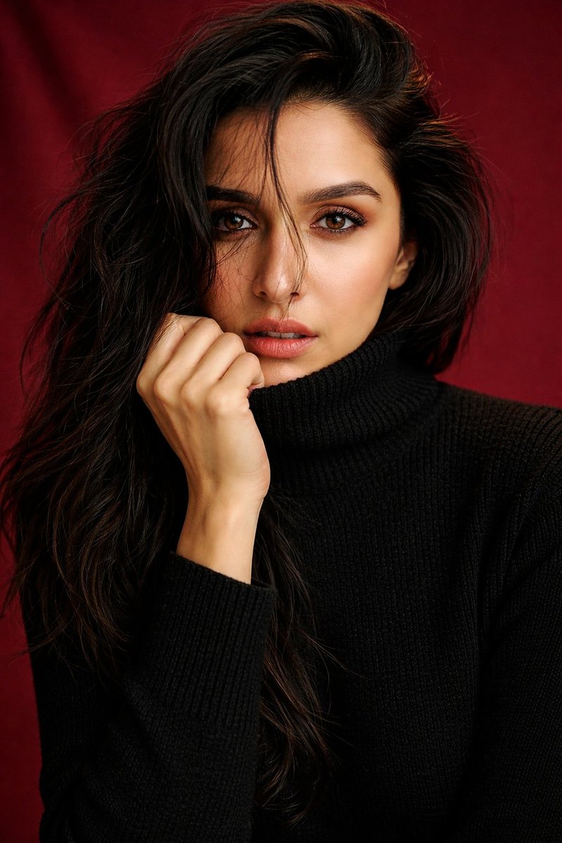 Shraddha Kapoor Black Turtleneck Studio Portrait Prompt — example 1