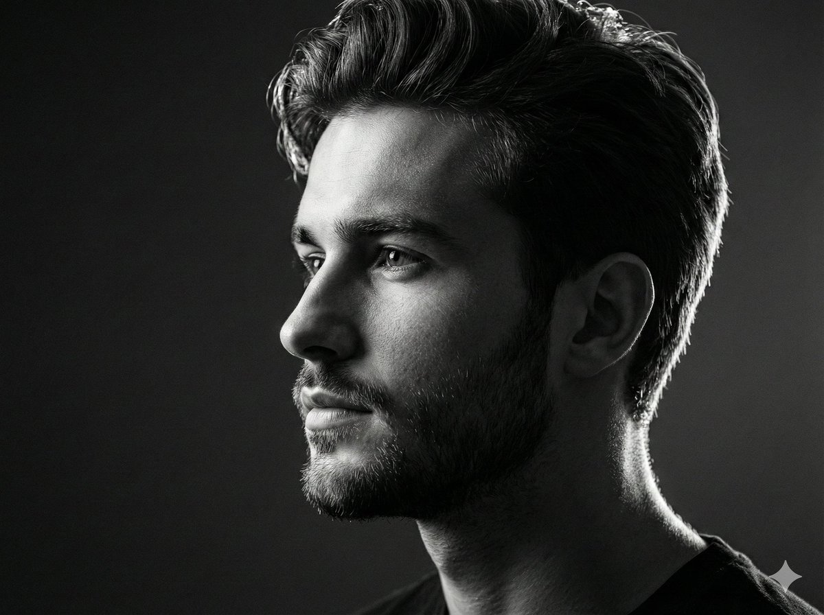Black and white studio side-profile portrait prompt — example 1