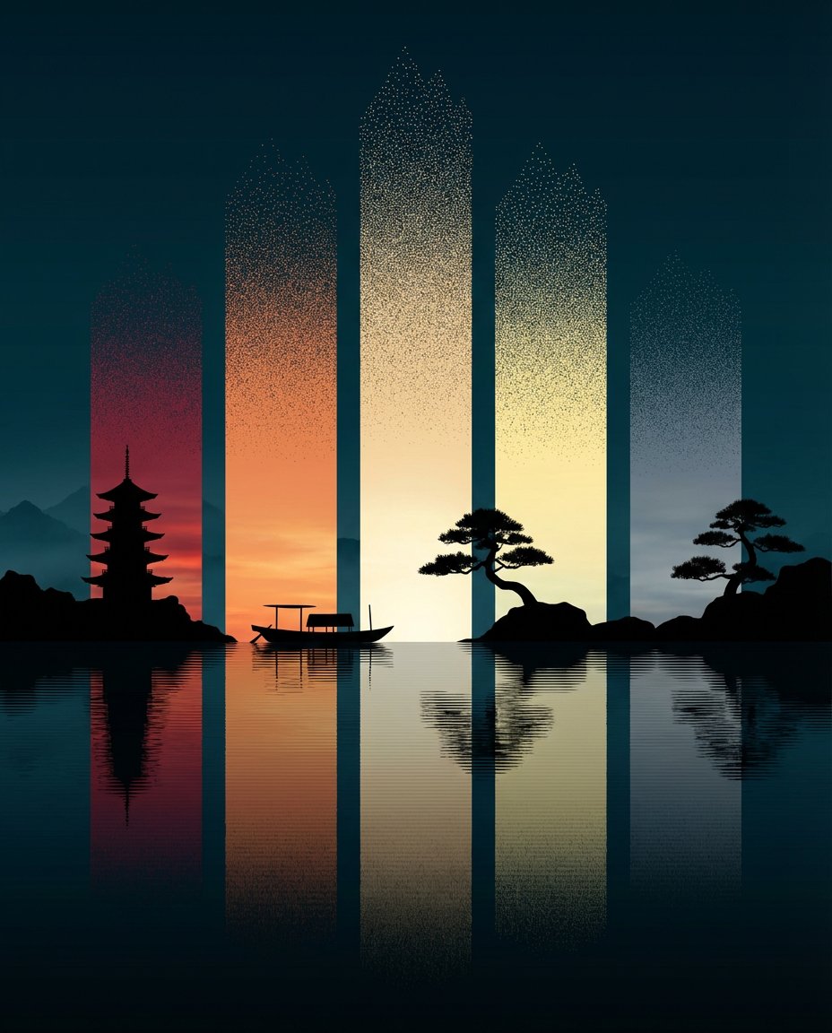 Abstract Eastern Zen Landscape with Time-Slice Lighting — example 1