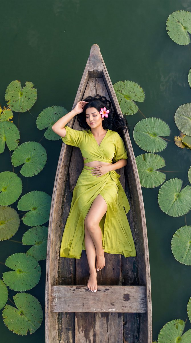 Photoreal Top-Down Fashion Editorial on a Boat with Lily Pads — example 2
