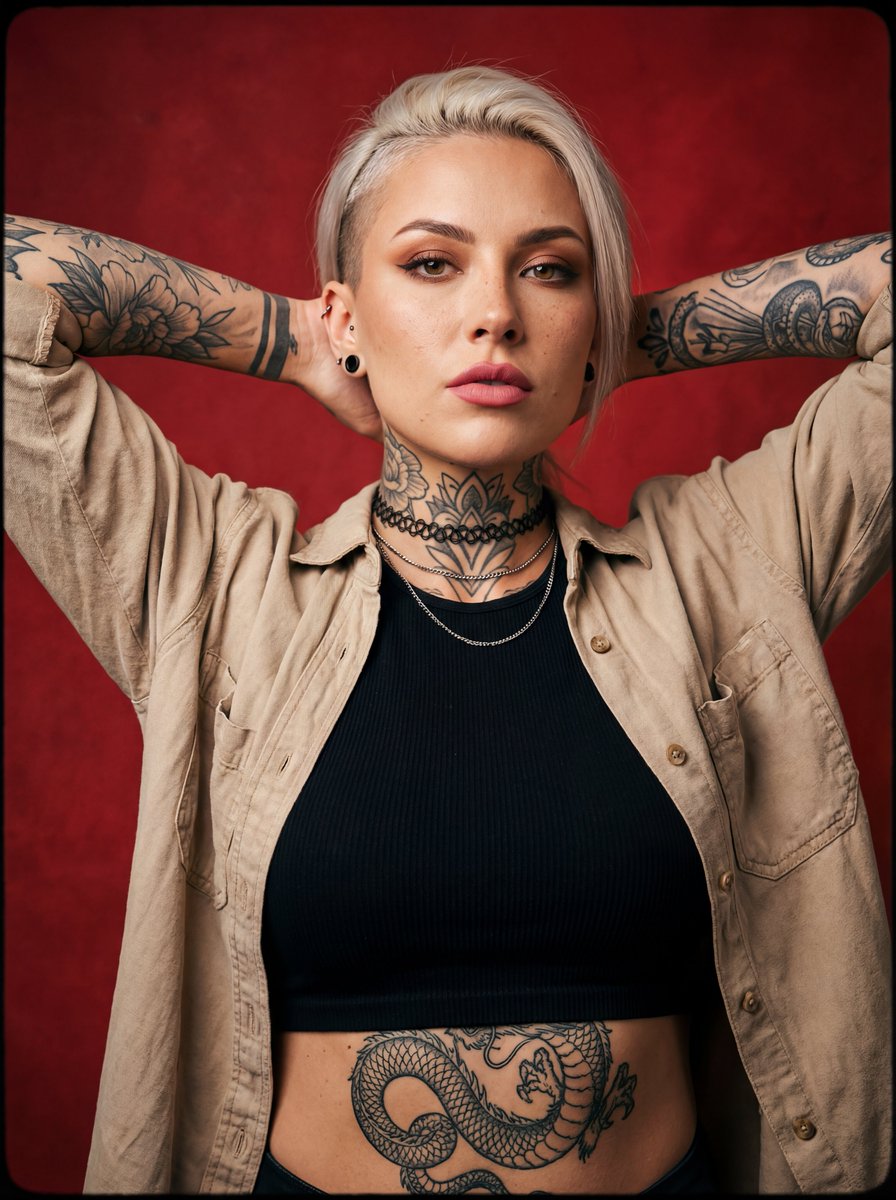 Alternative tattooed woman studio portrait — example 1