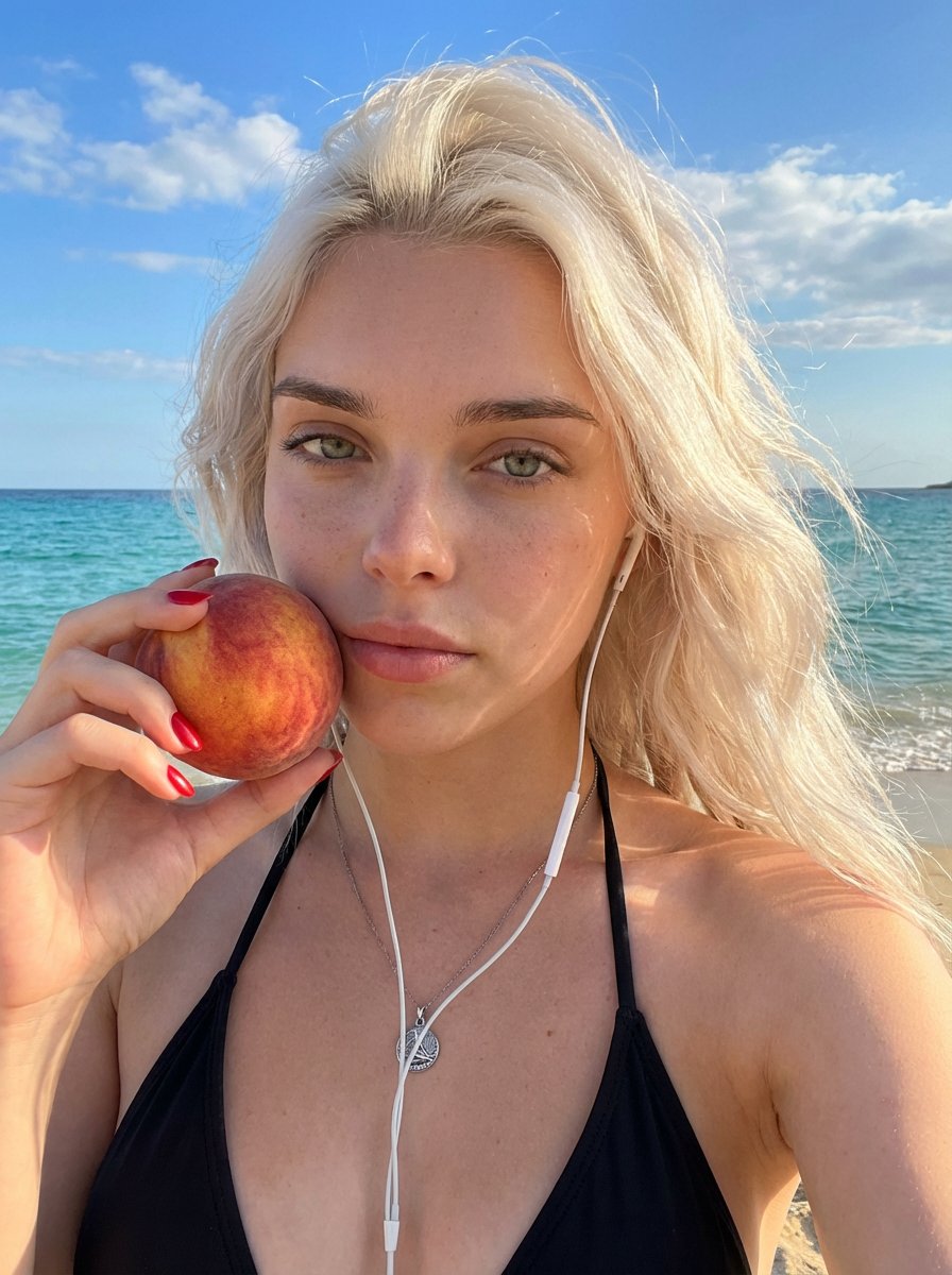 Beach Selfie Portrait with Peach Fruit — example 1