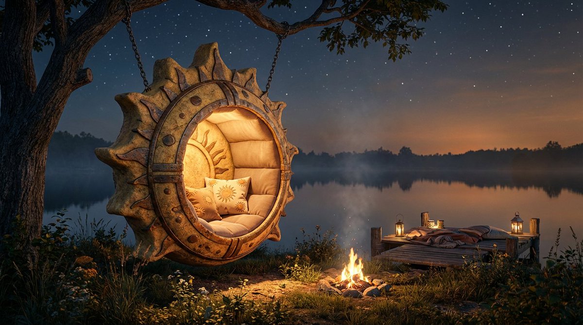 Cinematic lakeside hanging chair concept prompt with space object theme — example 3