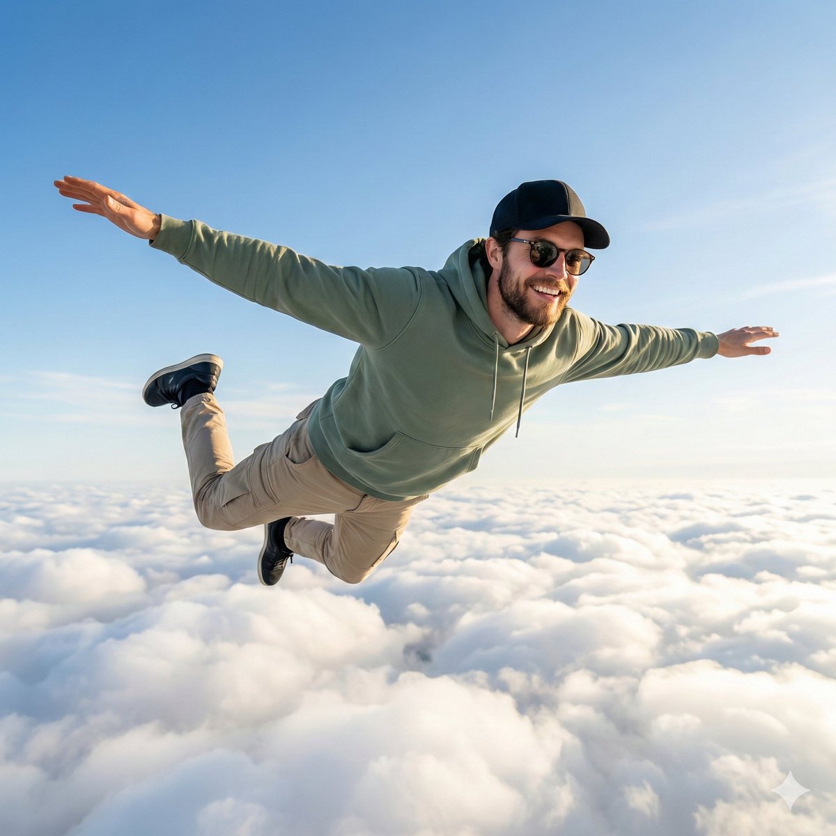 High-Quality Photo of Man Flying Above Clouds — example 1