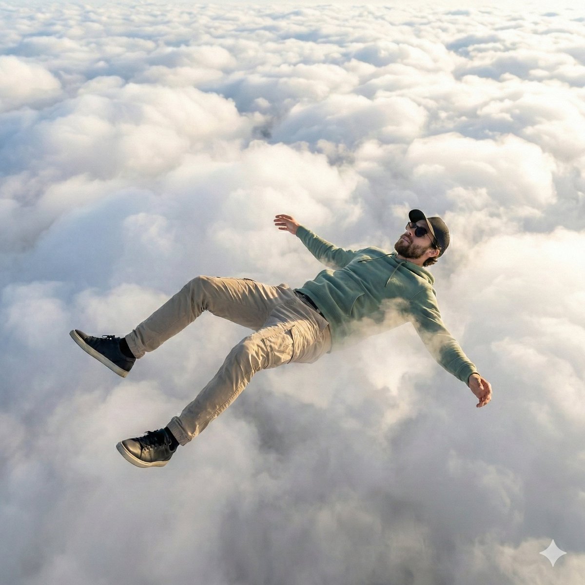 High-Quality Photo of Man Flying Above Clouds — example 2