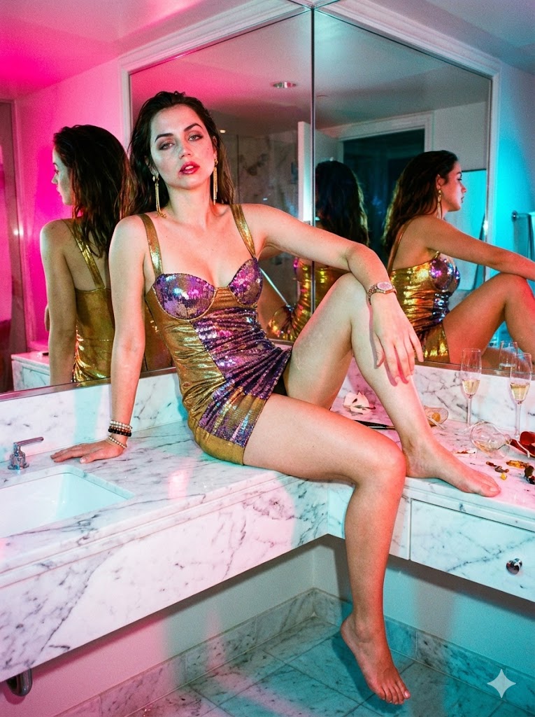 Decadent, Surreal Glamour Portrait of Ana de Armas in Luxury Bathroom — example 1