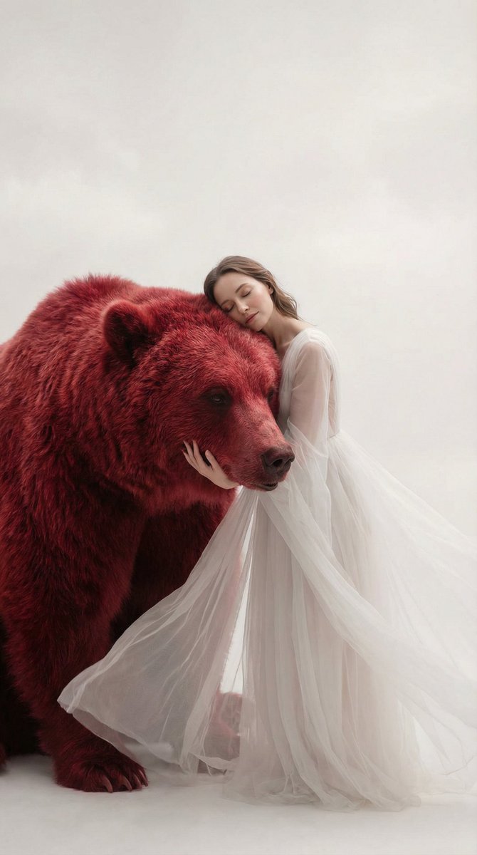 Surreal Scene of Human Embracing Massive Red Bear Prompt — example 1