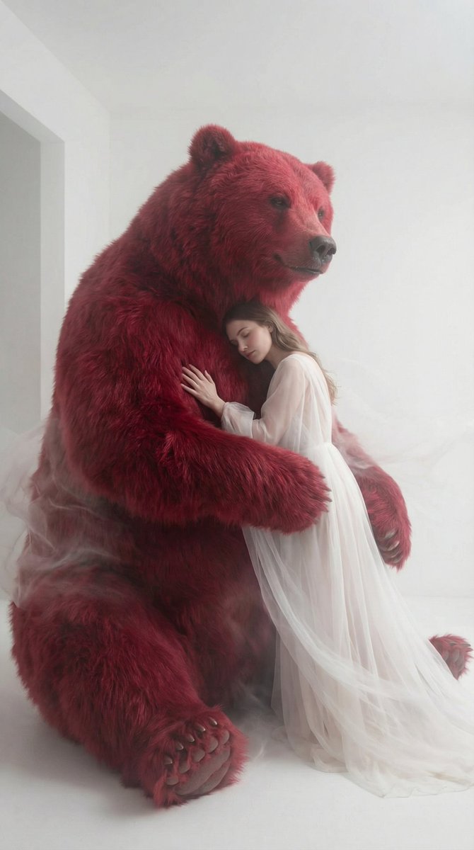 Surreal Scene of Human Embracing Massive Red Bear Prompt — example 2