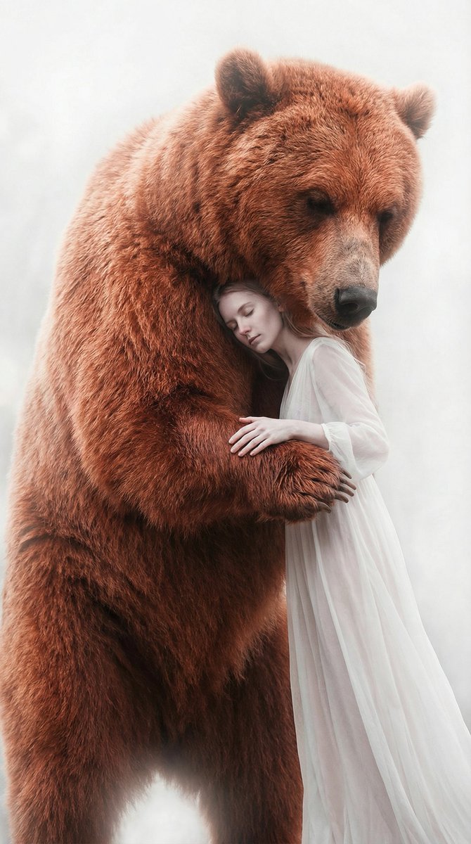 Surreal Scene of Human Embracing Massive Red Bear Prompt — example 3