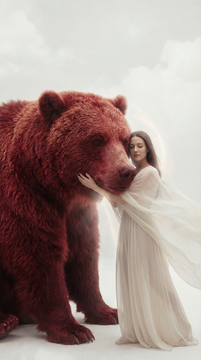 Surreal Scene of Human Embracing Massive Red Bear Prompt — example 4