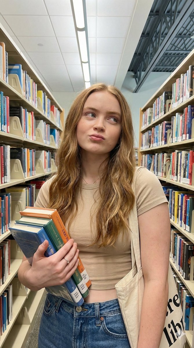 Playful Lifestyle Photo of Woman in Library Prompt — example 1