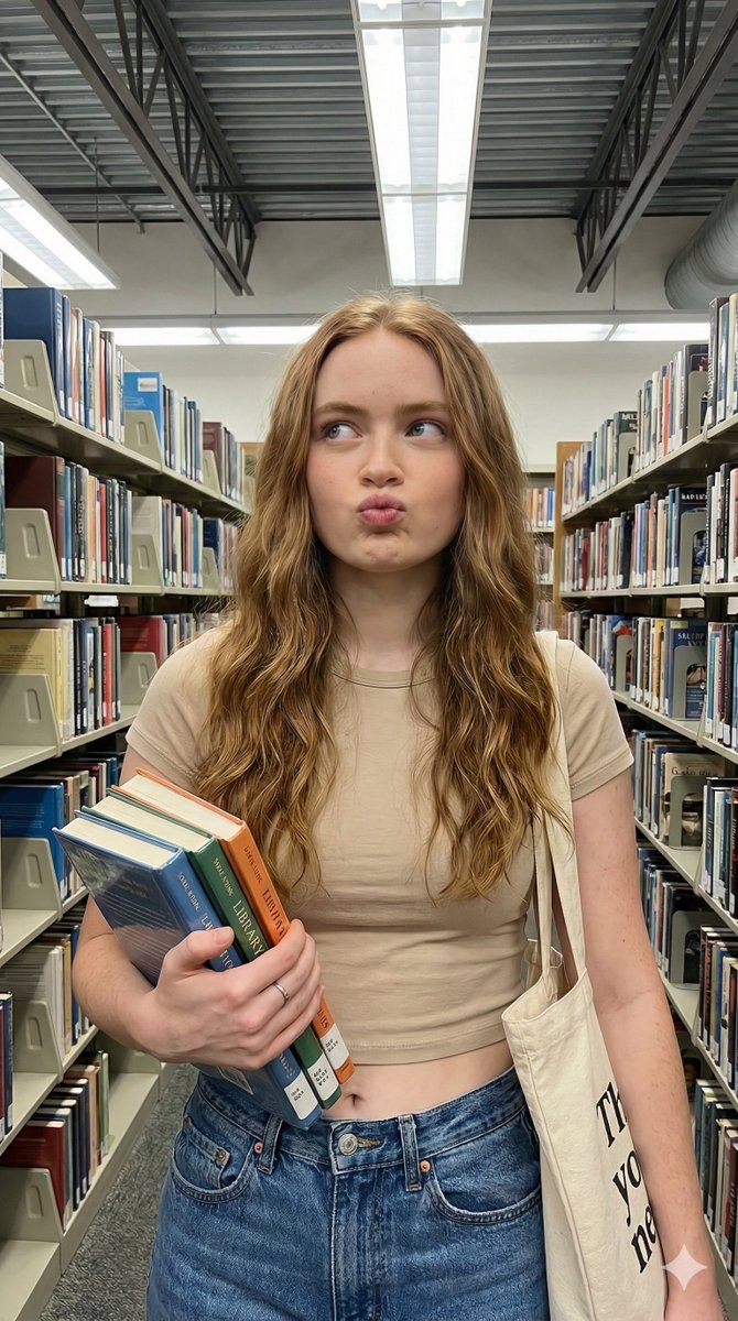 Playful Lifestyle Photo of Woman in Library Prompt — example 2