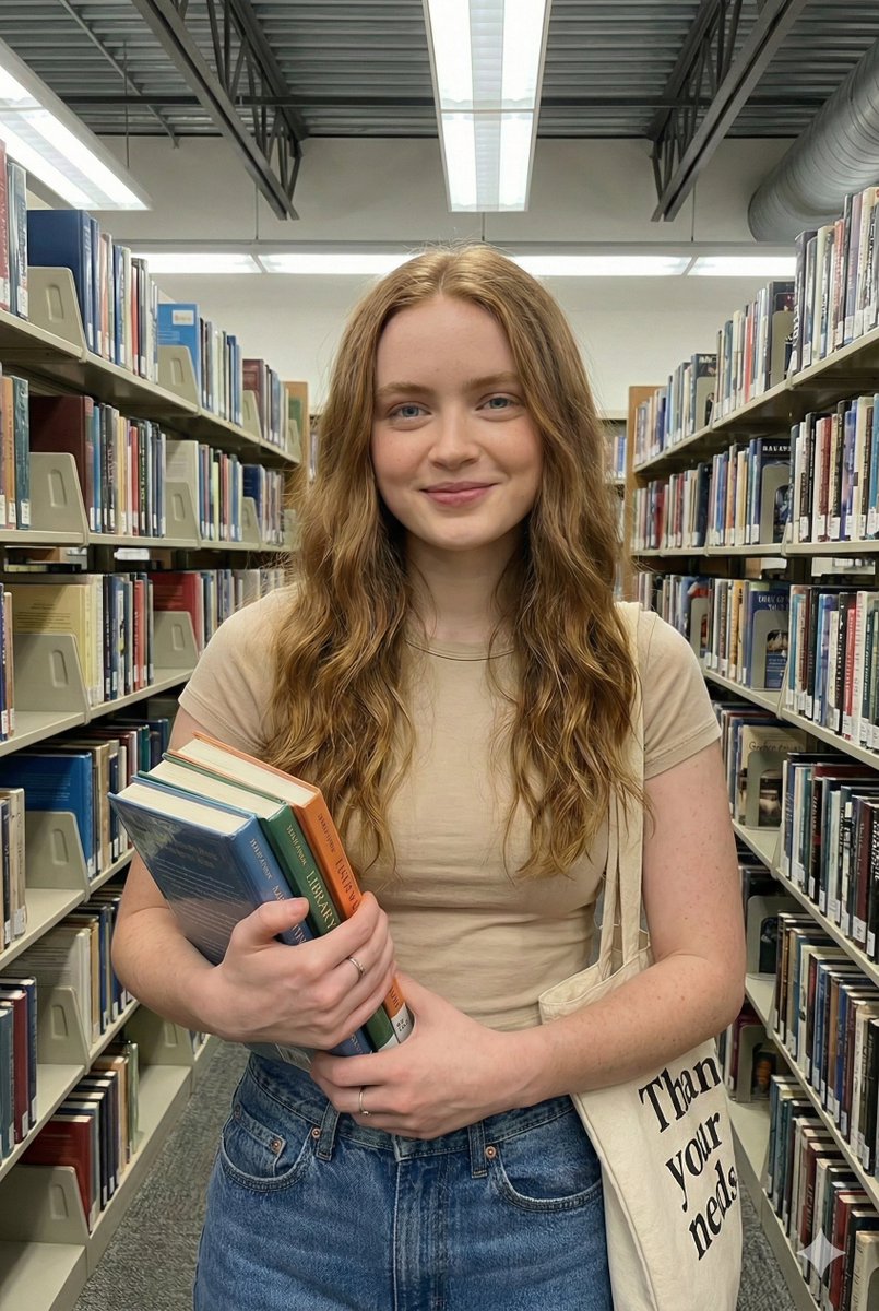 Playful Lifestyle Photo of Woman in Library Prompt — example 3