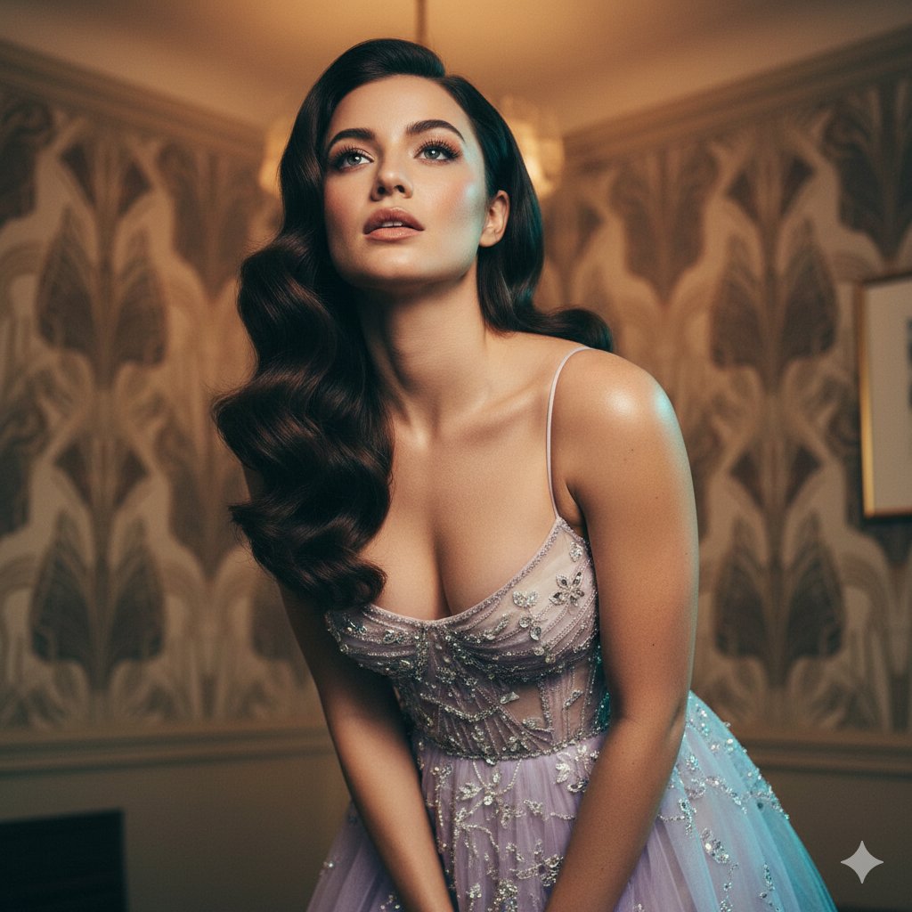 Cinematic Editorial Fashion in Lavender Couture Gown — example 1