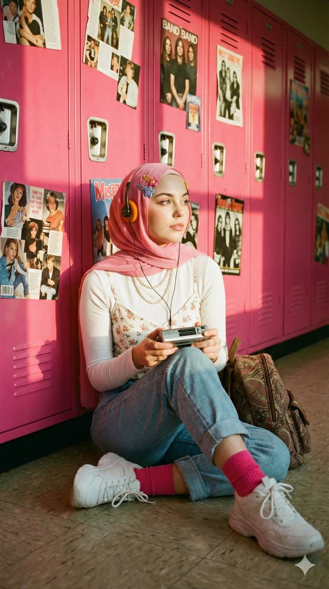 Cinematic Y2K Portrait of a Hijab Woman with a Cassette Player — example 1