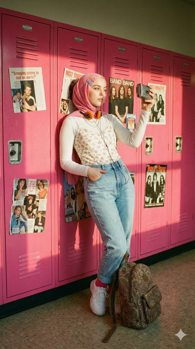 Cinematic Y2K Portrait of a Hijab Woman with a Cassette Player — example 2