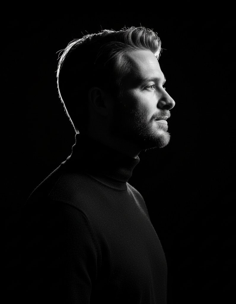 High-contrast rim-lit black and white conceptual side-profile portrait — example 1