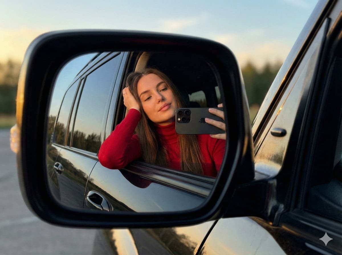 JSON selfie-in-car mirror prompt for Nano Banana Pro — example 1