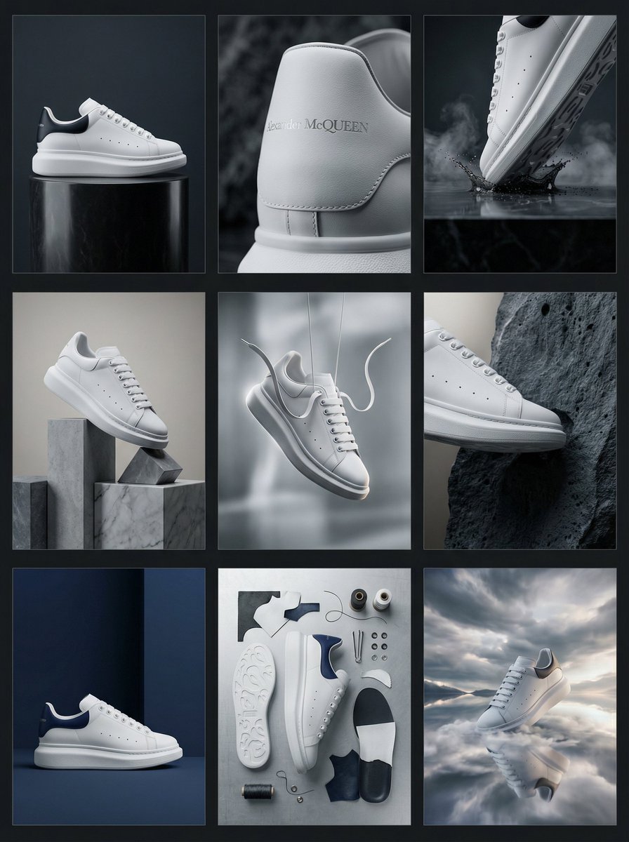 Alexander McQueen Sneaker Commercial Grid Prompt (3x3) — example 1