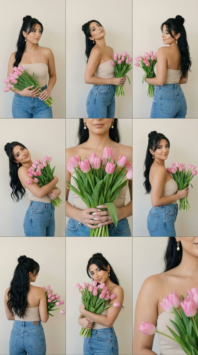 Editorial Contact Sheet Prompt: Woman with Pink Tulips — example 1