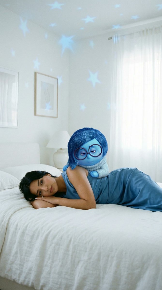 Cinematic Photoreal Character Pair Prompt: Blue Character and Woman — example 1