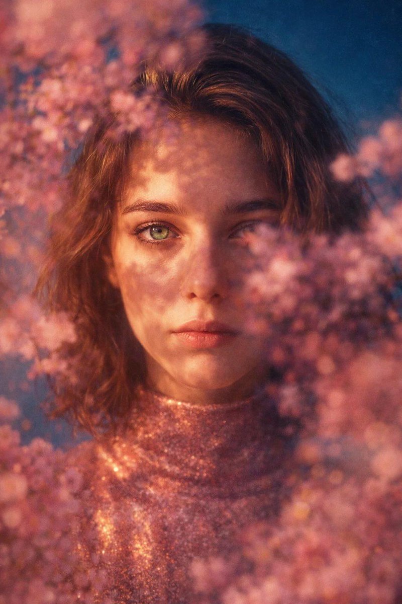 Poetic Cinematic Portrait with Pink Blossoms Prompt — example 2
