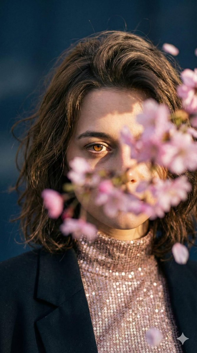 Poetic Cinematic Portrait with Pink Blossoms Prompt — example 3