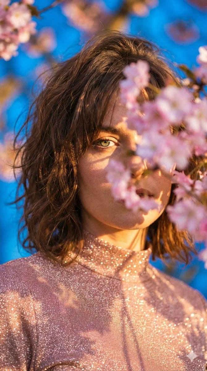 Poetic Cinematic Portrait with Pink Blossoms Prompt — example 4