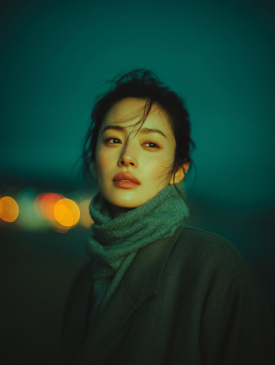 Cinematic Night Portrait with Teal-Green Grading — example 1