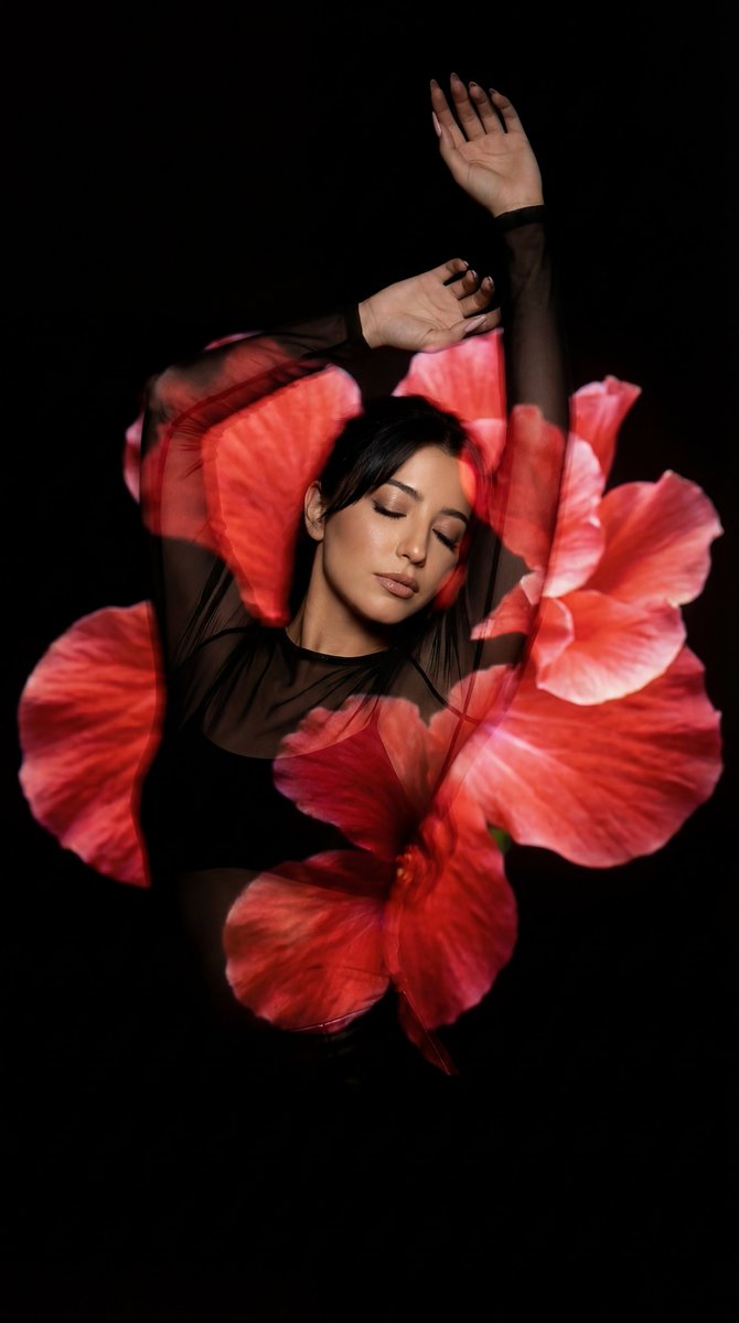 Surreal Fine Art Portrait with Red Flower Projection — example 1