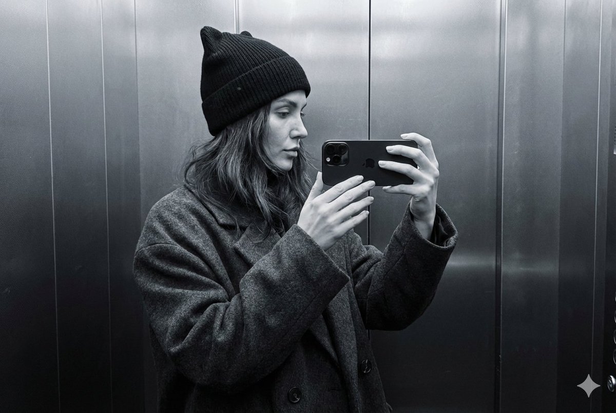Monochrome Elevator Mirror Selfie with Cat-Ear Hat — example 1