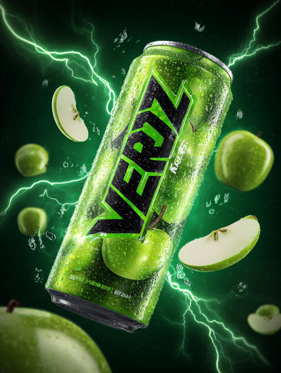 Energy Drink Can with Green Apple Splash and Neon Lightning — example 1