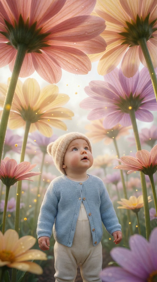 Ultra-Realistic Surreal Conceptual Portrait of a Baby in a Gigantic Flower Field