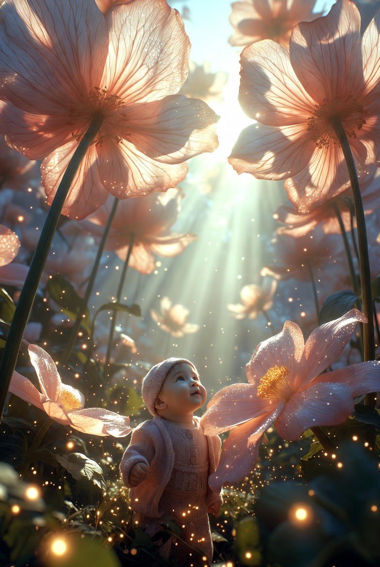 Ultra-Realistic Surreal Conceptual Portrait of a Baby in a Gigantic Flower Field — example 3