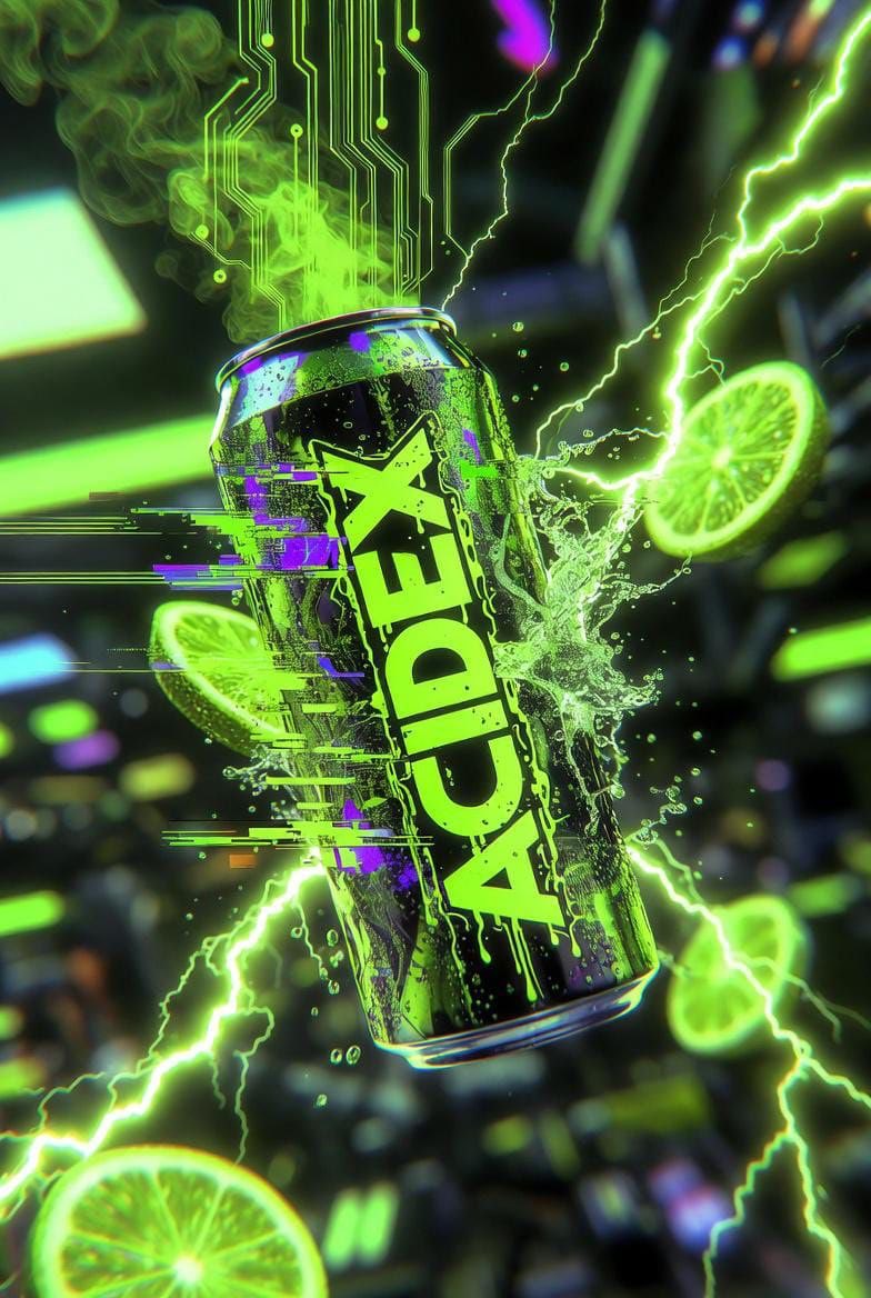 Hyper-Realistic Neon Energy Drink Product Shot Prompt — example 2