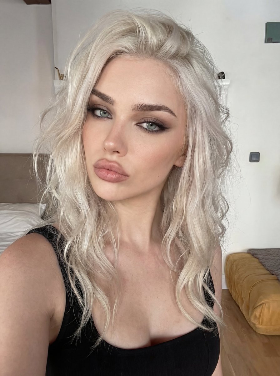 Glamorous Influencer Bedroom Selfie Portrait — example 1