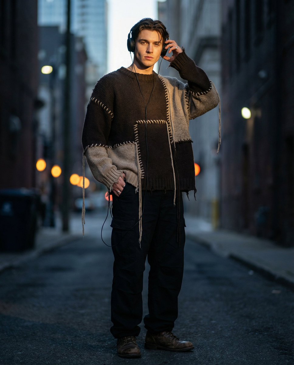 Editorial Street Fashion Portrait with Patchwork Knitwear — example 1