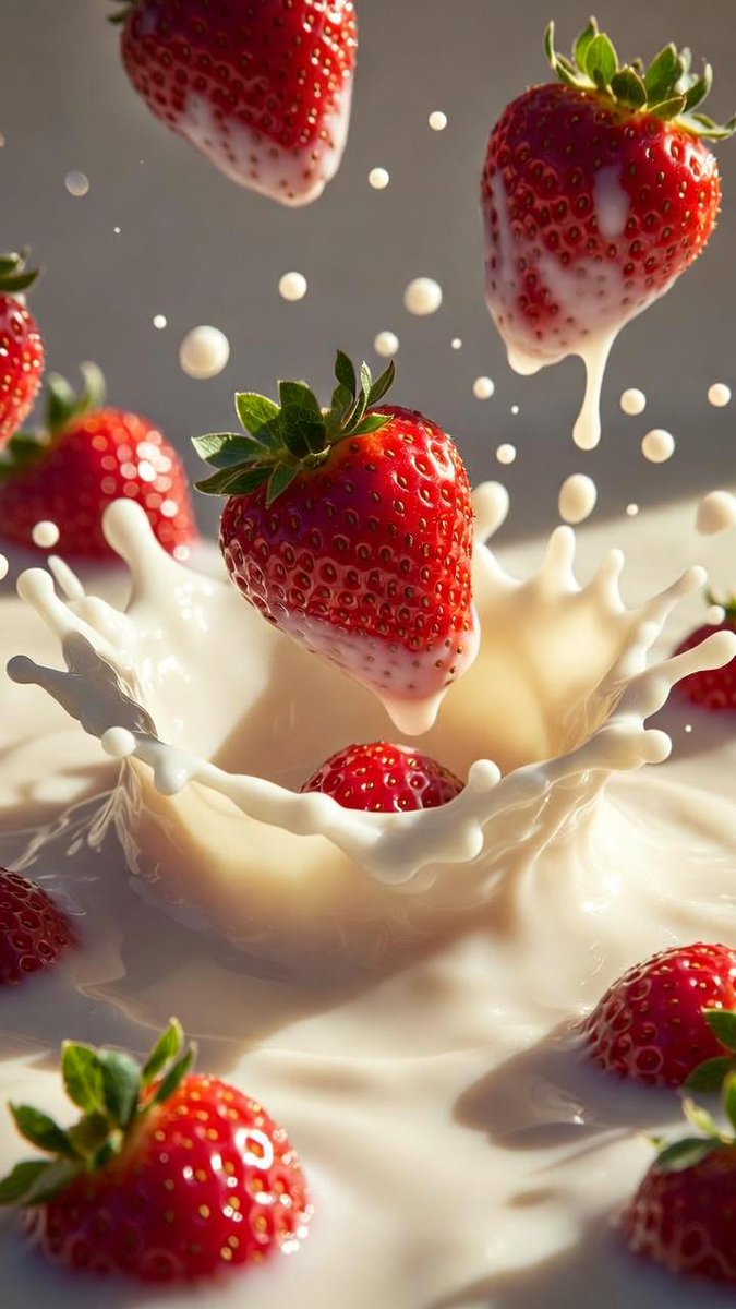 Macro Shot of Strawberries Falling into Milk — example 1