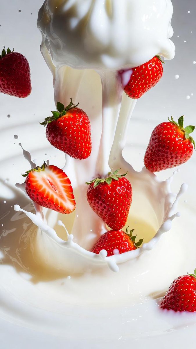 Macro Shot of Strawberries Falling into Milk — example 2