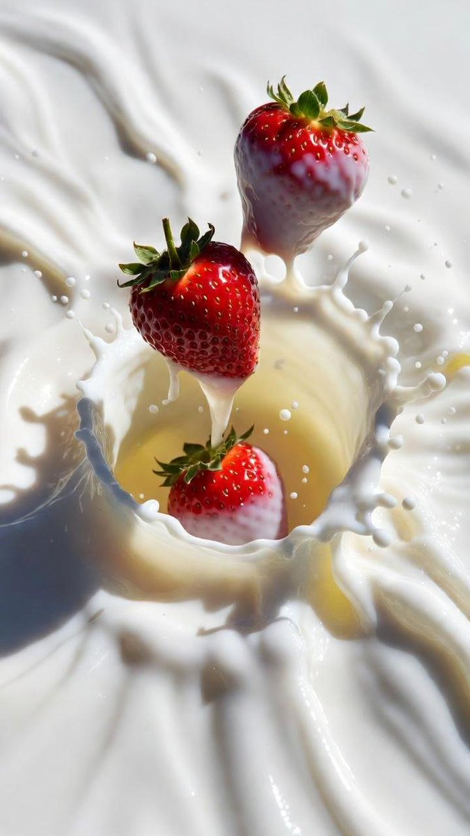 Macro Shot of Strawberries Falling into Milk — example 3