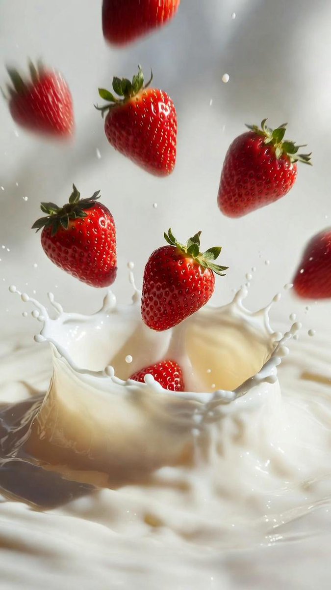 Macro Shot of Strawberries Falling into Milk — example 4