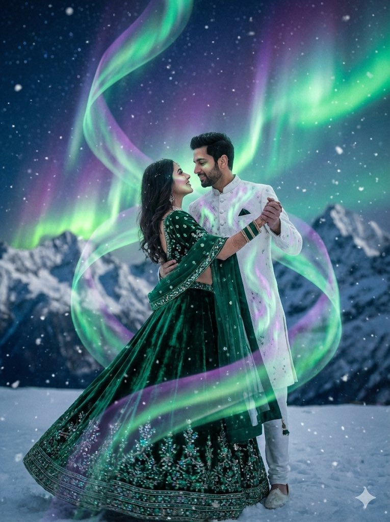 Dreamy Surreal Pre-Wedding Dance under Aurora Borealis — example 1