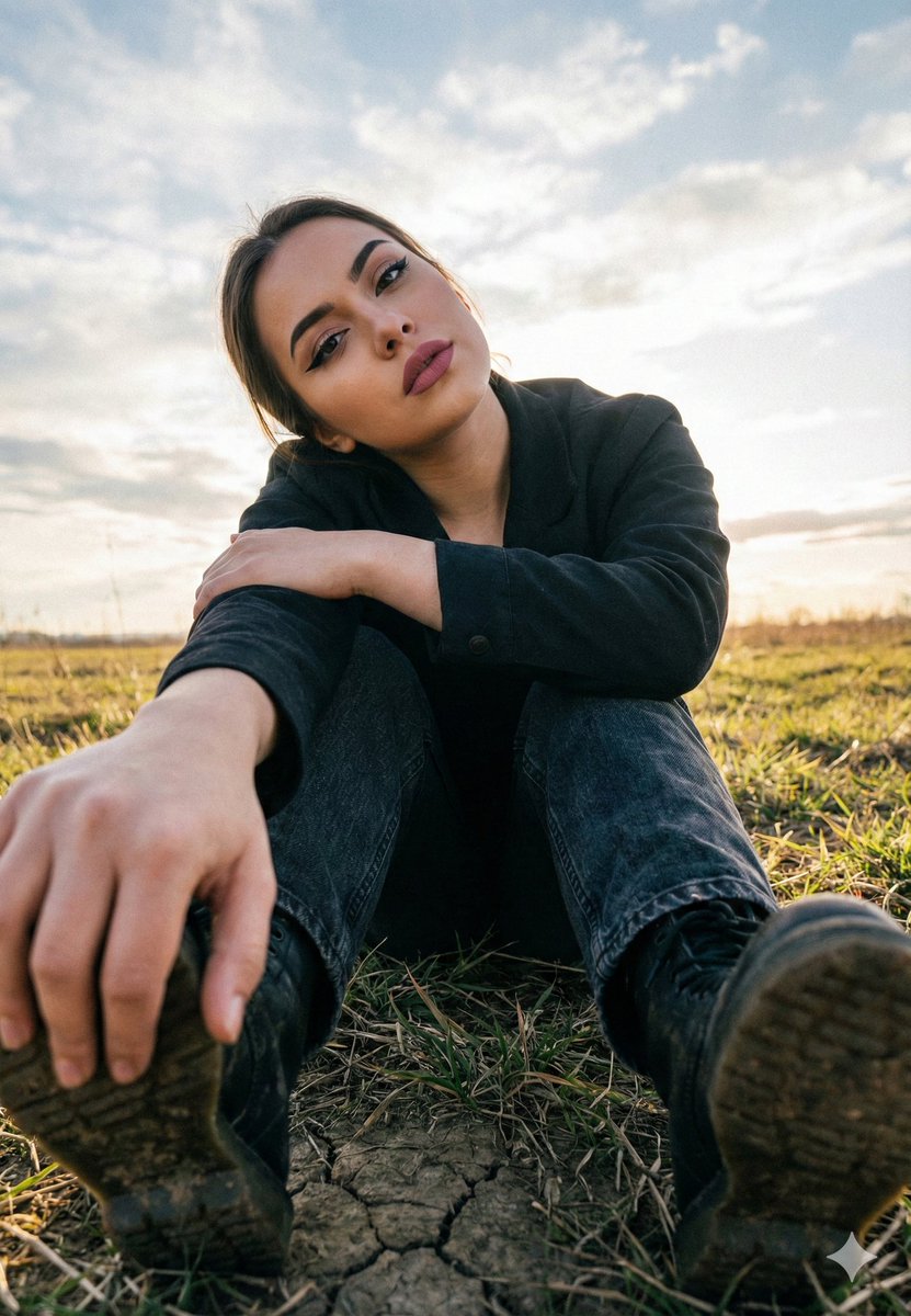 Cinematic Low Angle Portrait in a Dry Field — example 1