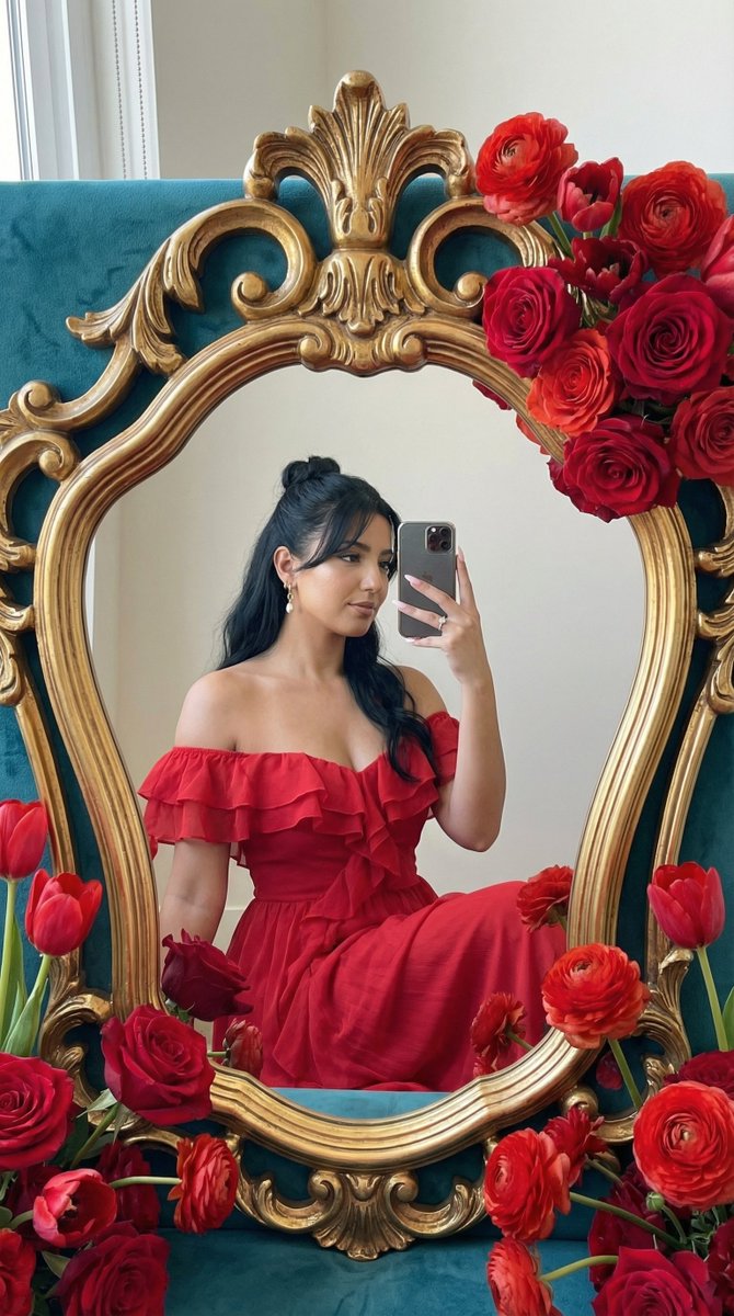 Photoreal Editorial Mirror Selfie with Floral Frame — example 1