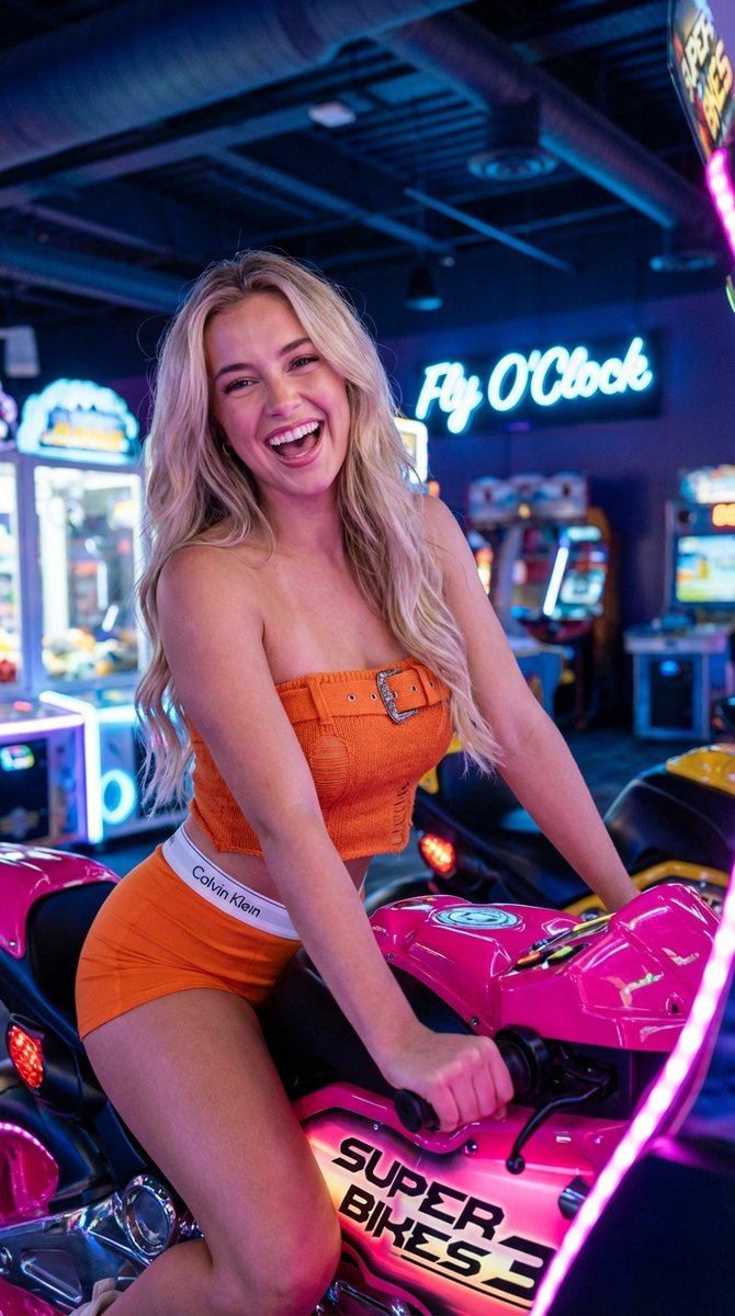 Vibrant Arcade Portrait with Orange Outfit and Neon Lights — example 1